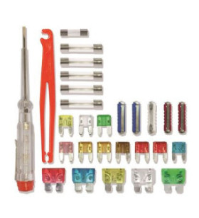 Kit 28 fusibles mixtes 12V 2-30A + pince + détecteur de phase