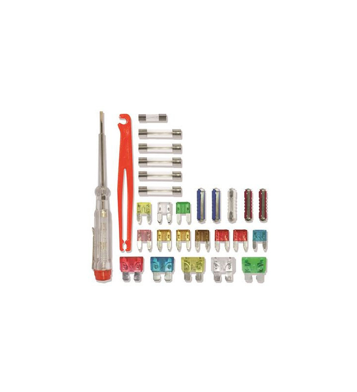 Kit 28 fusibles mixtos 12V 2-30A + pinza + detector de fases