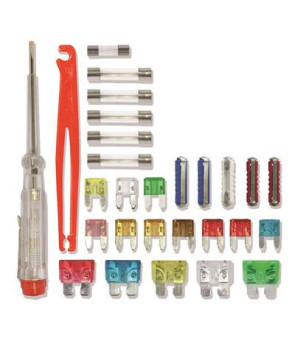 Kit 28 fusibles mixtes 12V 2-30A + pince + détecteur de phase