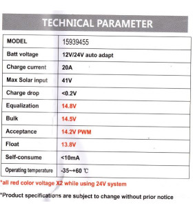 PWM Charge Controller 2 VECHLINE 20A 12 / 24V batteries