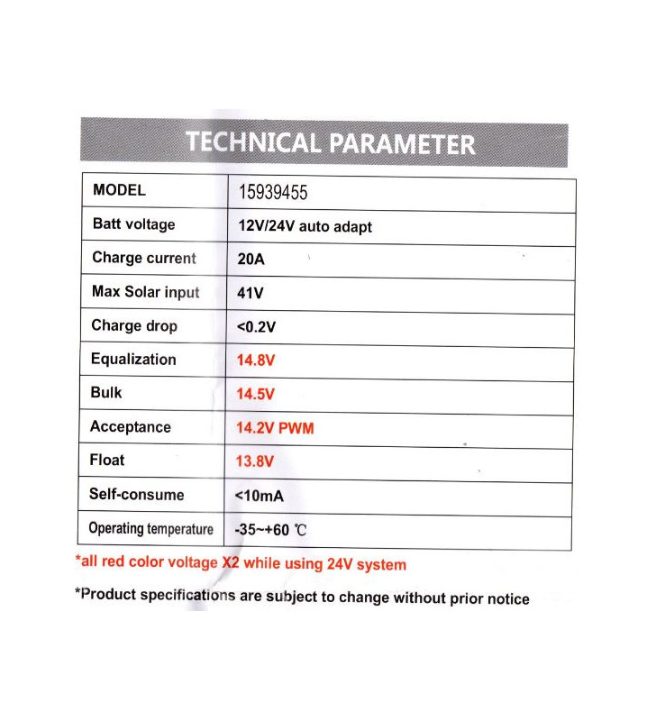 PWM Charge Controller 2 VECHLINE 20A 12 / 24V...