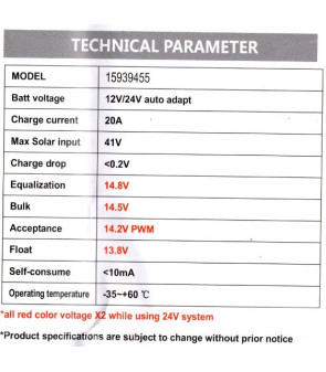 Contrôleur de charge PWM 2 batteries VECHLINE 20A 12/24V