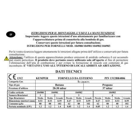 Fornello smaltato KEMPER GPL a 4 fuochi