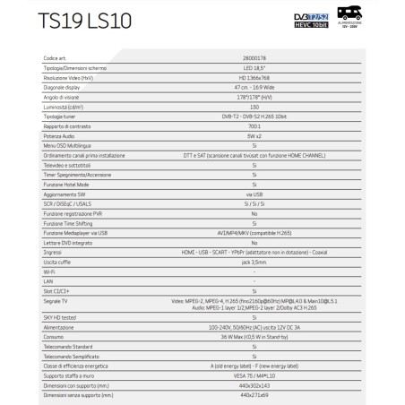 TV PALCO LED 19 TeleSystem Senza DVD 12V"