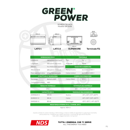 Batterie de service GP100B NDS GREENPOWER AGM
