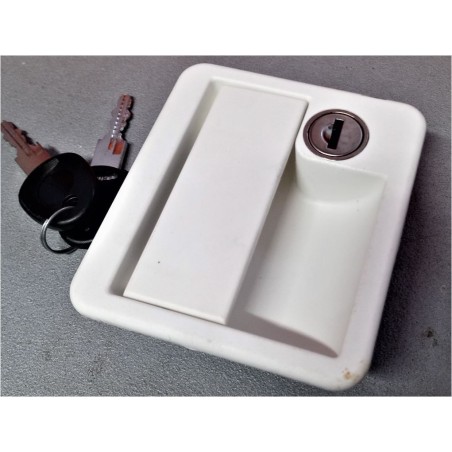 1070 Cerradura portón trasero completa blanca FAP 10x8x4 cm con llave NS