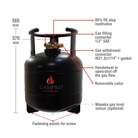CAMPKO gas cylinder 67R01 steel 15 L - 385mm multivalve and pressure gauge (DE) 80% filling stop valve