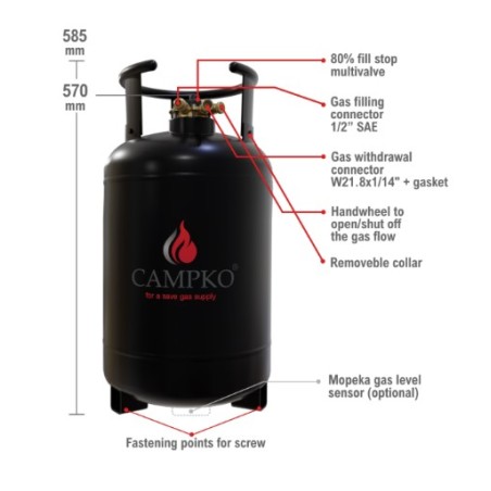 Bouteille de gaz CAMPKO 67R01 acier 30 L - 14 Kg multivalve et manomètre