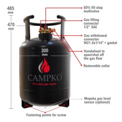 Bombona de gas CAMPKO 67R01 acero 22 L - 11 Kg GAS multiválvula y manómetro