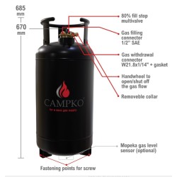 Bouteille de gaz CAMPKO 67R01 acier 36 L - multivalve et manomètre