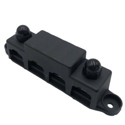 Barra di connessione nera 4 perni x M10 + 4 viti x M4 massimo 250A - 48vdc con coperchio protezione