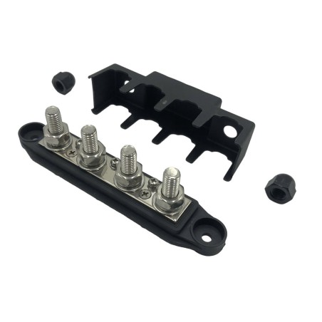 Barra di connessione nera 4 perni x M10 + 4 viti x M4 massimo 250A - 48vdc con coperchio protezione