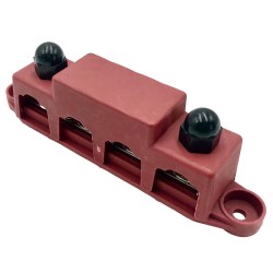 Barra di connessione rossa 4 perni x M10 + 4 viti x M4 massimo 250A - 48vdc con coperchio protezione