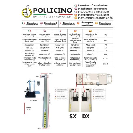 Manual Pollicino motorcycle 200 cm Right RH for loading in camper storage compartment