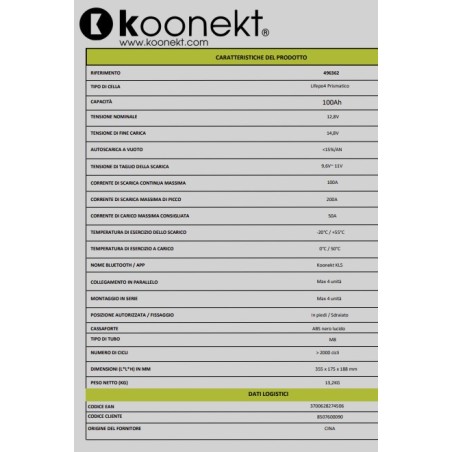 LiFePo4-Lithiumbatterie mit kompakter prismatischer Zelle KL5 100 Ah INTEGRIERTES BMS und BLUETOOTH - KOONEKT