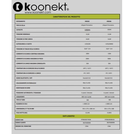 LiFePo4-Lithiumbatterie mit kompakter prismatischer Zelle KL5 150 Ah INTEGRIERTES BMS und BLUETOOTH – KOONEKT