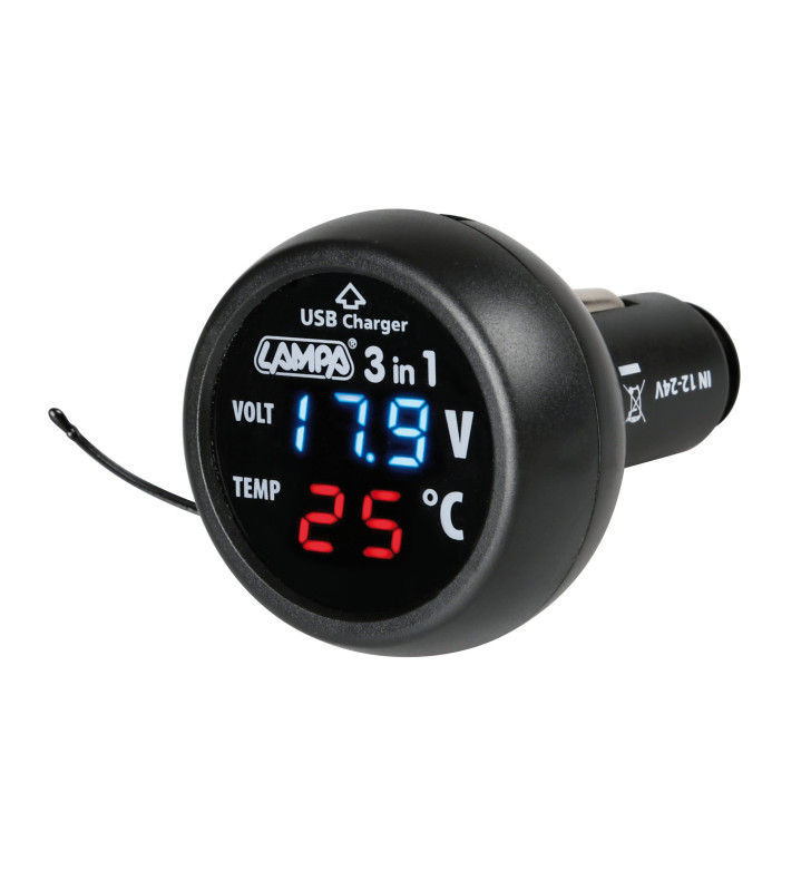 3-IN1 DIGITAL THERMOMETER PLUG + VOLTIMETER + USB SOCKET