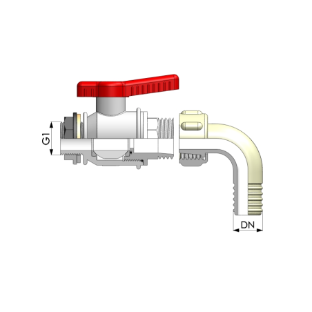 VÁLVULA DE BOLA DE 1 PULGADA CON MAMPARO G1 Y CONECTOR DE MANGUERA CURVADO DN30